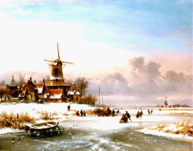 Lodewijk Johannes Kleijn | Weids Hollands ijsgezicht met schaatsers en koek-en-zopie, olieverf op doek, 70,3 x 90,2 cm, gesigneerd r.o.