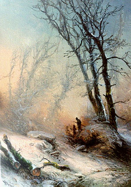 Pieter Kluyver | Reizigers in een winters bos, olieverf op paneel, 15,4 x 11,3 cm, gesigneerd l.o.