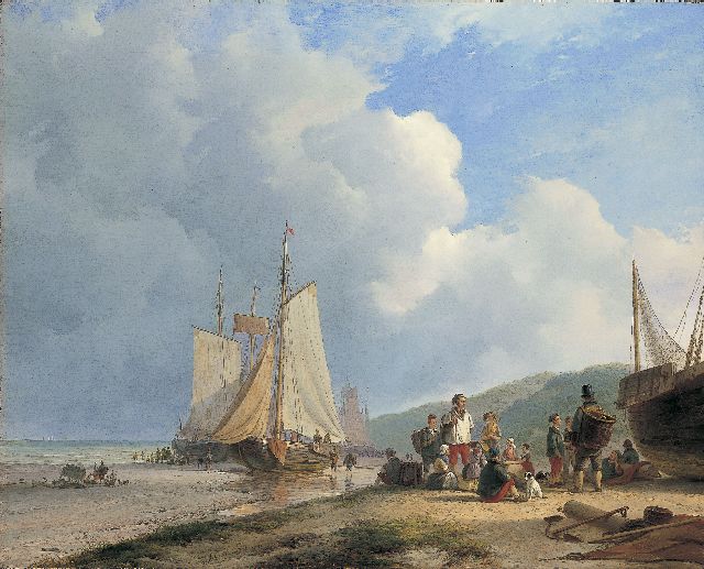 Andreas Schelfhout | Vissersfamilie op het strand met bomschuiten, olieverf op doek, 67,6 x 84,3 cm, gesigneerd l.o.v.h.m. en gedateerd 1831