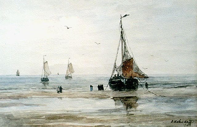 Hendrik Willem Mesdag | Vissersbom op het strand, aquarel op papier, 26,7 x 36,8 cm, gesigneerd r.o.