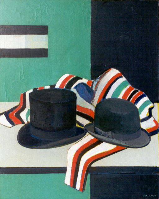 Jan Kagie | Stilleven met hoge hoed en bolhoed, olieverf op doek, 100,1 x 80,4 cm, gesigneerd r.o.