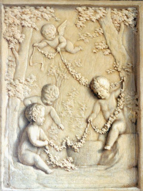 Jan van Dam | Putti met een bloemenfestoen, olieverf op doek, 53,3 x 40,3 cm, gesigneerd r.o.