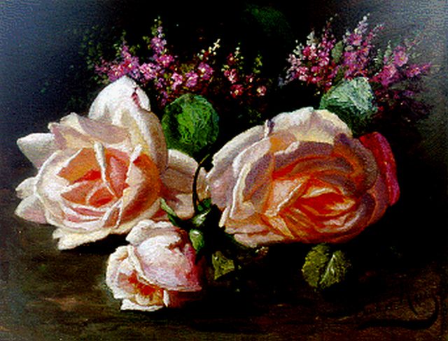 Ruijs D.R.  | Stilleven met rozen en hei, olieverf op paneel 18,5 x 24,1 cm, gesigneerd r.o.