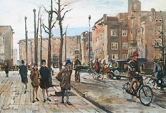 Erasmus Bernhard von Dülmen Krumpelmann | Fietsers en auto's op de Postjesweg in Amsterdam-West, olieverf op doek, 65,4 x 95,0 cm, gesigneerd l.o.