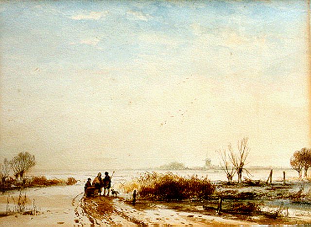 Andreas Schelfhout | Winterlandschap met figuren bij een slee, pen en aquarel op papier, 25,4 x 33,8 cm, gesigneerd r.o.