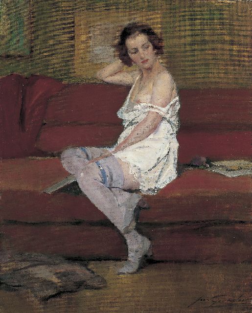 Jean Gouweloos | Vrouw op een canapé, olieverf op doek, 50,0 x 40,1 cm, gesigneerd r.o.