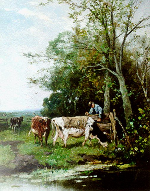 Johan Frederik Cornelis Scherrewitz | Koeien in de wei, olieverf op paneel, 41,1 x 32,7 cm, gesigneerd r.o.