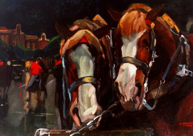 Cor Noltee | Sleperspaarden, olieverf op doek, 50,0 x 70,0 cm, gesigneerd r.o.
