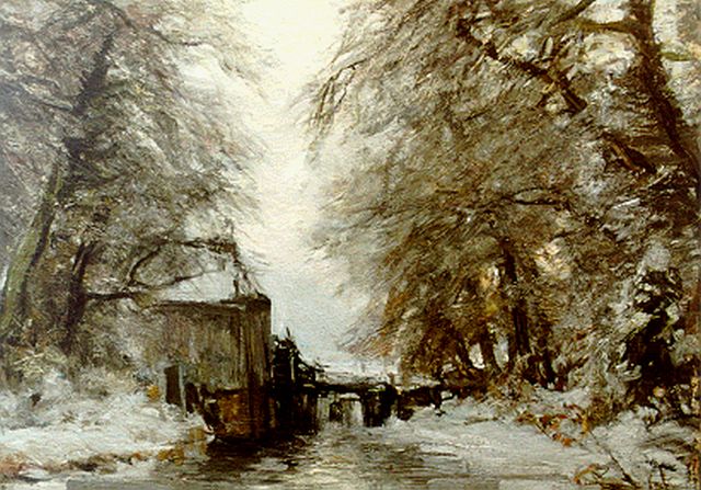 Louis Apol | Winters bosgezicht met watermolen, olieverf op doek, 50,2 x 70,0 cm, gesigneerd l.o.