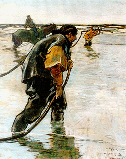 Sluiter J.W.  | Lijnhaalder op het strand, pastel op papier 48,0 x 38,5 cm, gesigneerd r.o. en gedateerd jan. 1915