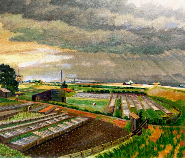 Henk Melgers | Polderlandschap bij Amsterdam in regen, olieverf op doek, 60,2 x 70,3 cm, gesigneerd l.o. + verso