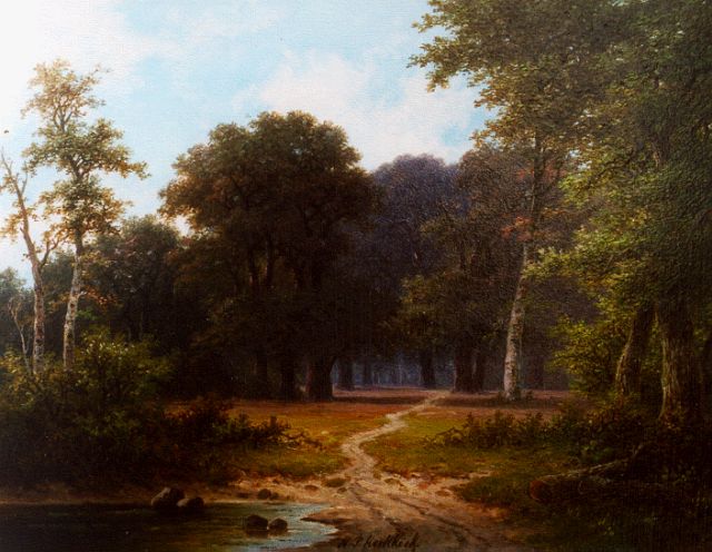 Hendrik Pieter Koekkoek | Bosgezicht, olieverf op paneel, 20,8 x 27,0 cm, gesigneerd m.o.
