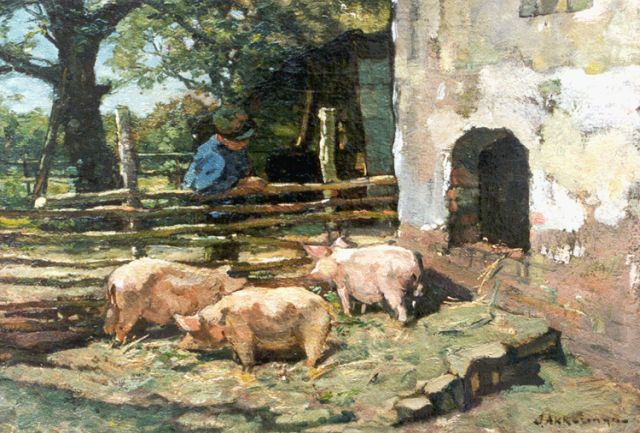 Johannes Evert Akkeringa | Het voeren van de varkens, olieverf op doek, 32,7 x 47,2 cm, gesigneerd r.o.
