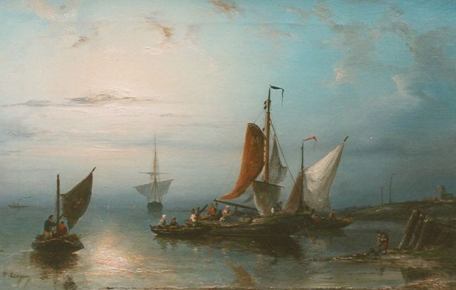 Nicolaas Riegen | Vissersboten voor de kust, olieverf op doek, 31,5 x 48,0 cm, gesigneerd l.o.