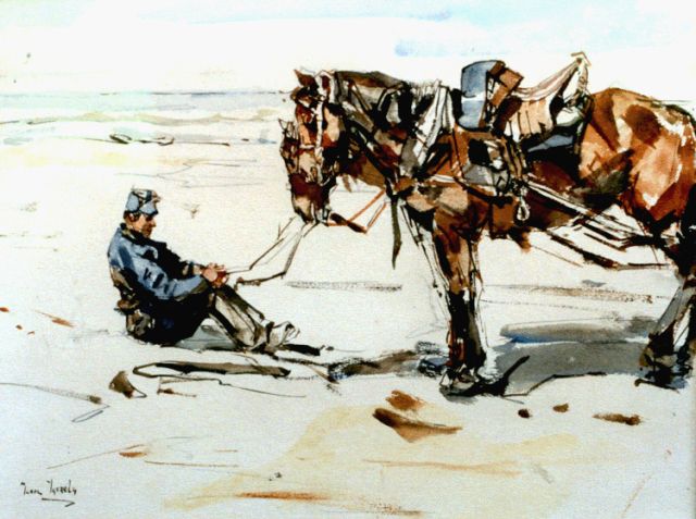 Isaac Israels | Een artillerist met paarden op het strand, aquarel op papier, 19,4 x 26,0 cm, gesigneerd l.o. en gedateerd 1882
