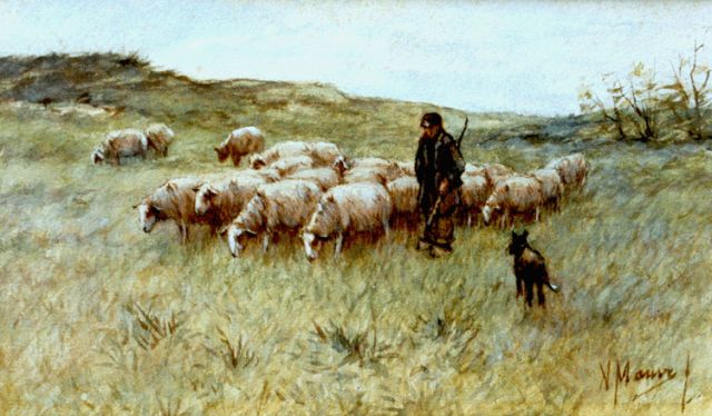 Anton Mauve | Een schaapherder met zijn kudde, aquarel op papier, 14,6 x 24,4 cm, gesigneerd r.o.