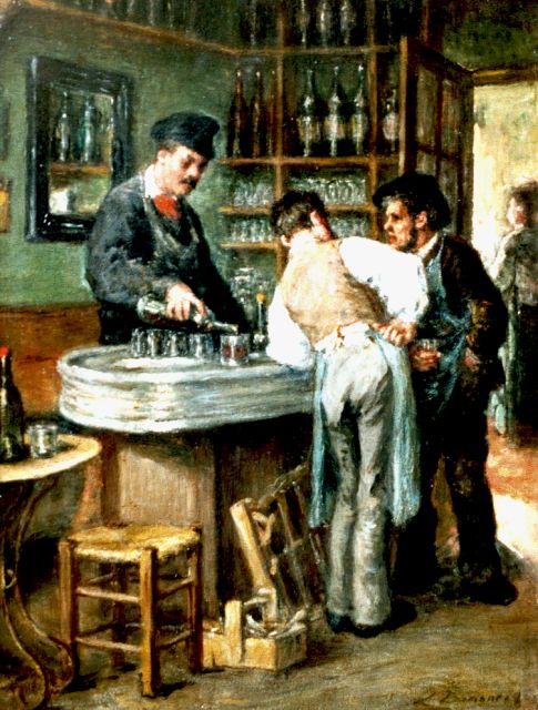 Léon Marie Constant Dansaert | Wijn schenken aan de tapkast, olieverf op paneel, 35,0 x 26,6 cm, gesigneerd r.o.
