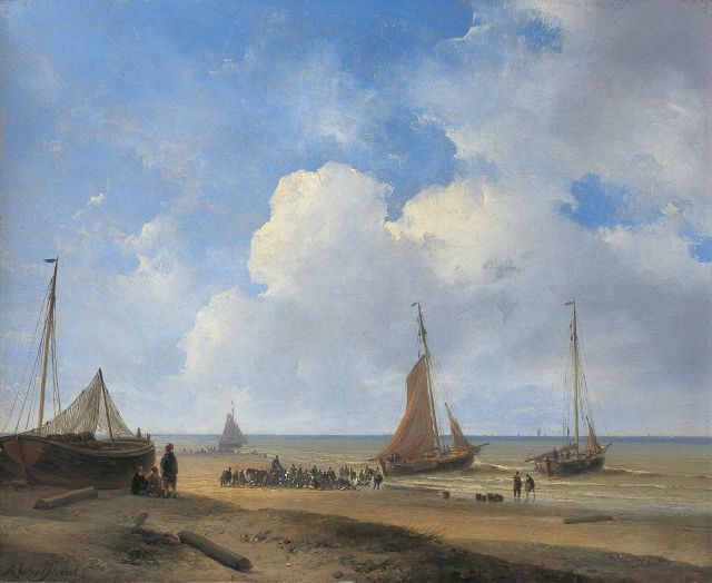 Andreas Schelfhout | Visafslag op het strand nabij Scheveningen, olieverf op schilderskarton, 22,7 x 28,0 cm, gesigneerd l.o. en te dateren 1835