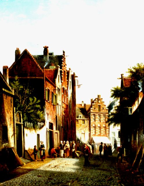 Johannes Franciscus Spohler | Bedrijvigheid in een zonovergoten straat, olieverf op doek, 44,3 x 35,3 cm, gesigneerd r.o.