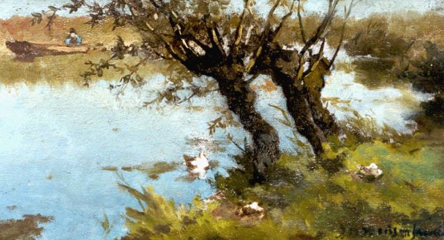 Jan Hendrik Weissenbruch | Visser en eenden aan de oevers van een vaart, olieverf op paneel, 16,6 x 29,0 cm, gesigneerd r.o.