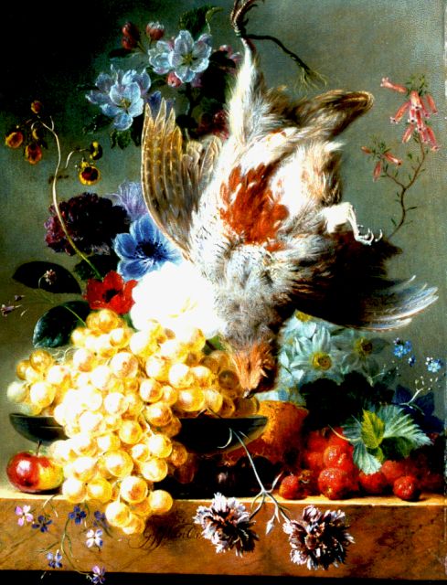 Georgius van Os | Stilleven met bloemen, fruit en een patrijs, olieverf op paneel, 48,2 x 37,0 cm, gesigneerd m.o.