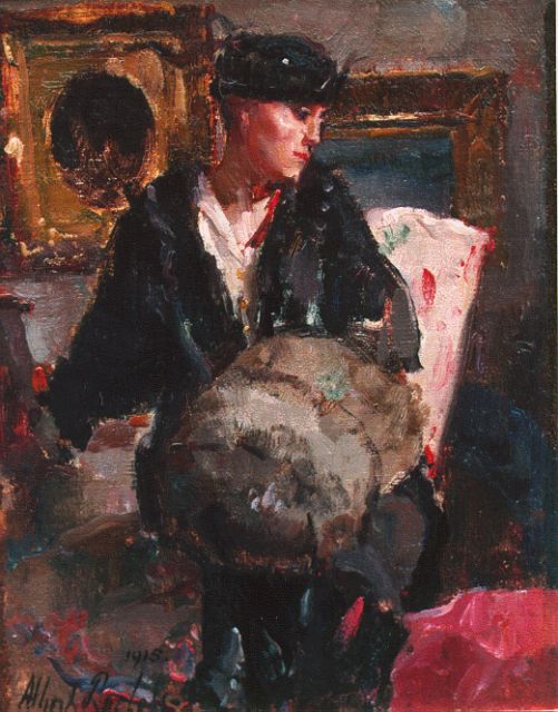 Albert Roelofs | Dame met mof, olieverf op doek op board, 23,9 x 19,0 cm, gesigneerd l.o. en gedateerd 1915