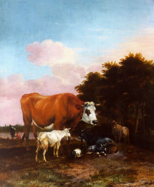 Janz Klomp A.  | Landschap met stier en geiten, olieverf op paneel 42,4 x 34,8 cm, gesigneerd r.o. en gedateerd 1662