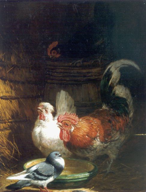 Henriette Ronner | Kippen en duif bij een drinkbak, olieverf op paneel, 40,1 x 31,4 cm, gesigneerd r.o.