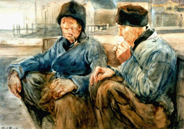 Paul Rink | Twee Volendammer vissers, aquarel op papier, 36,8 x 50,8 cm, gesigneerd l.o.