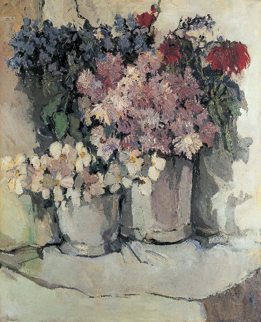 Dick Ket | Stilleven van twee emmers met bonte bloemen, olieverf op doek, 100,1 x 81,0 cm, gesigneerd r.o. en gedateerd '25