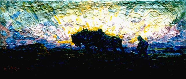 Adriaan Herman Gouwe | Ploeger bij zonsondergang, olieverf op doek, 14,0 x 32,3 cm, gesigneerd l.o. en gedateerd 1917