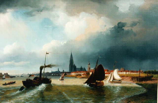 Nicolaas Roosenboom | Raderstoomboot op de Schelde voor Antwerpen, olieverf op paneel, 35,0 x 52,3 cm, gesigneerd r.o.