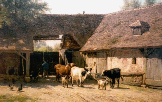 Willem Carel Nakken | Boerenhoeve met vee, olieverf op doek op schildersboard, 35,0 x 54,9 cm, gesigneerd r.o.