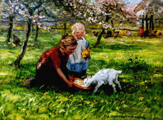 Jan Zoetelief Tromp | Voorjaar op de boerderij in Blaricum, olieverf op doek, 30,0 x 40,0 cm, gesigneerd r.o. + verso