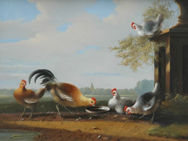 Albertus Verhoesen | Kippen bij een sokkel met tuinvaas, olieverf op paneel, 24,3 x 31,3 cm, gesigneerd l.o. en gedateerd 1850