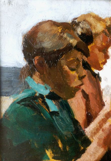 Pollones J.A.  | Dubbelportret van 2 jonge sigarenmaaksters, olieverf op paneel 21,8 x 15,6 cm, gesigneerd l.b.