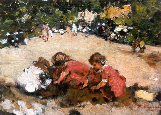 Ragione R.  | Spelende kinderen in een park, 27,0 x 36,0 cm, gesigneerd r.o.