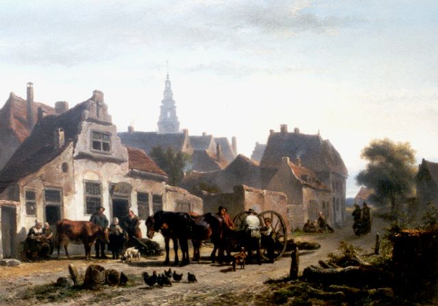 Wouterus Verschuur | Hollands dorpsgezicht met boerenvolk en mallejan, olieverf op paneel, 37,0 x 53,3 cm, gesigneerd l.o.
