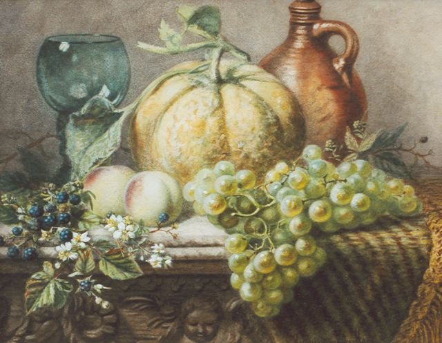 Hermina van der Haas | Stilleven met fruit en een roemer, aquarel op papier, 39,1 x 48,8 cm, gesigneerd r.o.