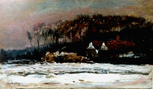 Louis Apol | Boerderij in een winters landschap, olieverf op doek, 24,5 x 40,2 cm, gesigneerd l.o.
