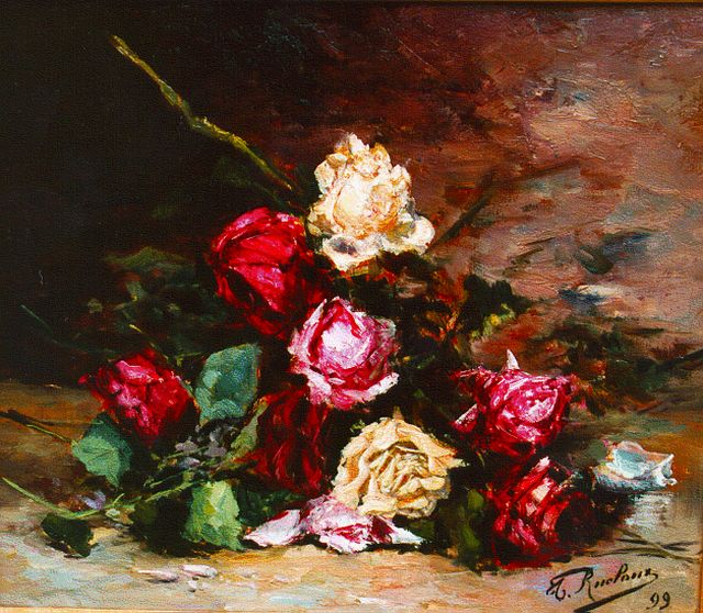 Thérèse Rucloux | Bloemstilleven van rozen, olieverf op doek, 36,0 x 43,5 cm, gesigneerd r.o.