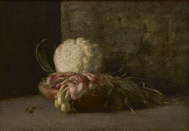 Georg Rueter | Stilleven met bloemkool en sjalotten, olieverf op doek, 32,0 x 46,0 cm