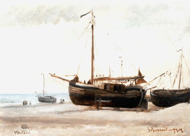 Heinrich Deiters | Botters op het strand van Scheveningen, olieverf op schildersboard op paneel, 30,0 x 41,0 cm, gesigneerd l.o.