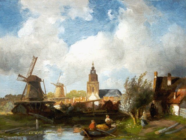 Charles Leickert | Dorpsgezicht met molens en een riviertje, olieverf op paneel, 19,0 x 24,7 cm, gesigneerd l.o.