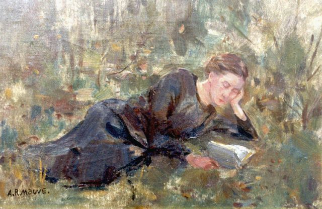 Anton Mauve jr. | Mevrouw Mauve-Langhout lezend in het bos, olieverf op doek, 30,7 x 45,7 cm, gesigneerd l.o.
