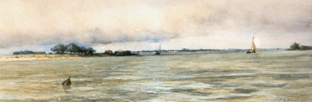 Piet Schipperus | Zeilschepen op de rivier, aquarel op papier, 28,0 x 76,5 cm, gesigneerd r.o.