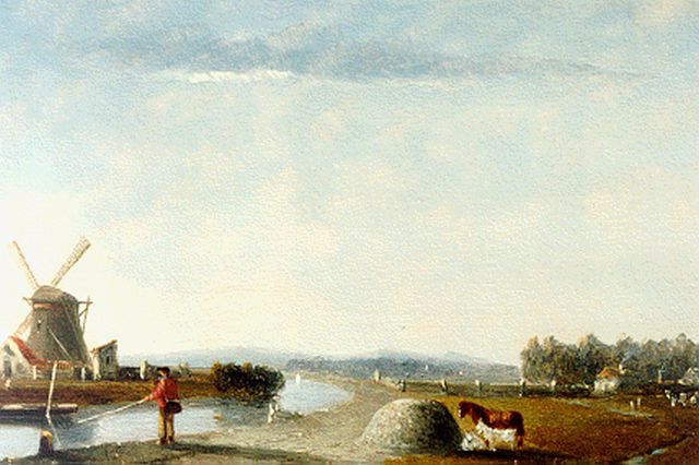 Joseph Bles | Landschapje met molen aan een rivier, olieverf op paneel, 13,8 x 20,7 cm, gesigneerd r.o.