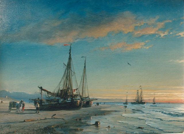 Petrus Paulus Schiedges | Boten op het strand, olieverf op paneel, 20,7 x 28,0 cm, gesigneerd l.o. en gedateerd 1809