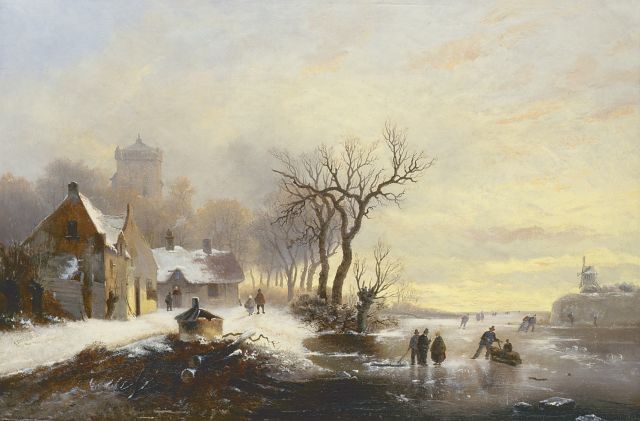 Alexis de Leeuw | Schaatsers langs de dorpsrand, olieverf op doek, 40,6 x 61,0 cm