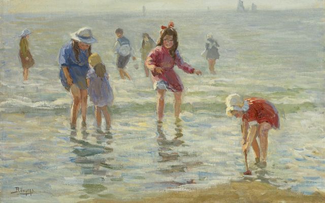 Ben Viegers | Kinderen aan het strand, olieverf op doek, 28,0 x 44,4 cm, gesigneerd l.o.